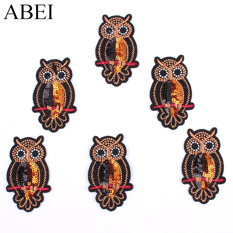 

10pcs/lot Iron On Sequined Owl Patches Sew On Diy Jeans Stickers iron animal patch Clothing Bags Coats Appliques Garment Badge