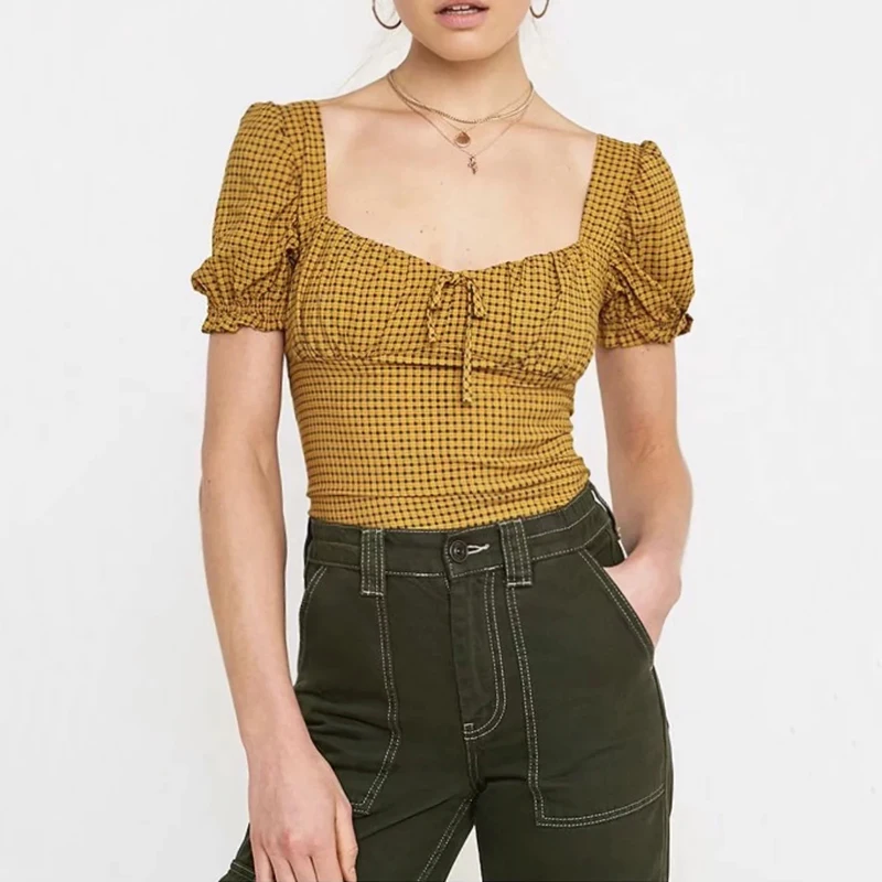 

Women Structured Blouse With Puff Sleeve and Shirred Back In Grid Check