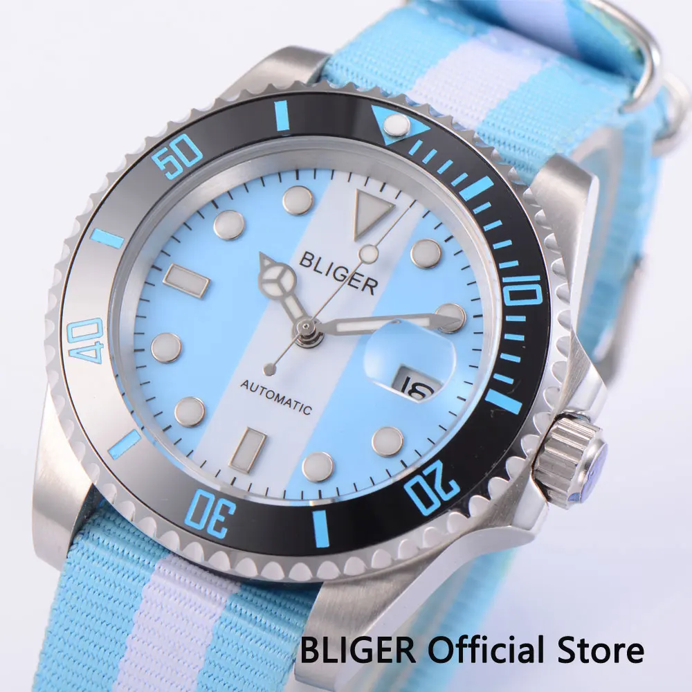 BLIGER Sapphire Crystal 40MM Blue White Dial Black Ceramic Bezel MIYOTA Automatic Movement Men's Wrist Watch Nylon Strap Watch BLIGER Sapphire Crystal 40MM Blue White Dial Black Ceramic Bezel MIYOTA Automatic Movement Men's Wrist Watch Nylon Strap Watch