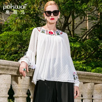 

POKWAI Casual Dobby Floral Blouse Shirt Women Fashion New High Quality Long Lantern Sleeve Elegant O-Neck Embroidery Tops