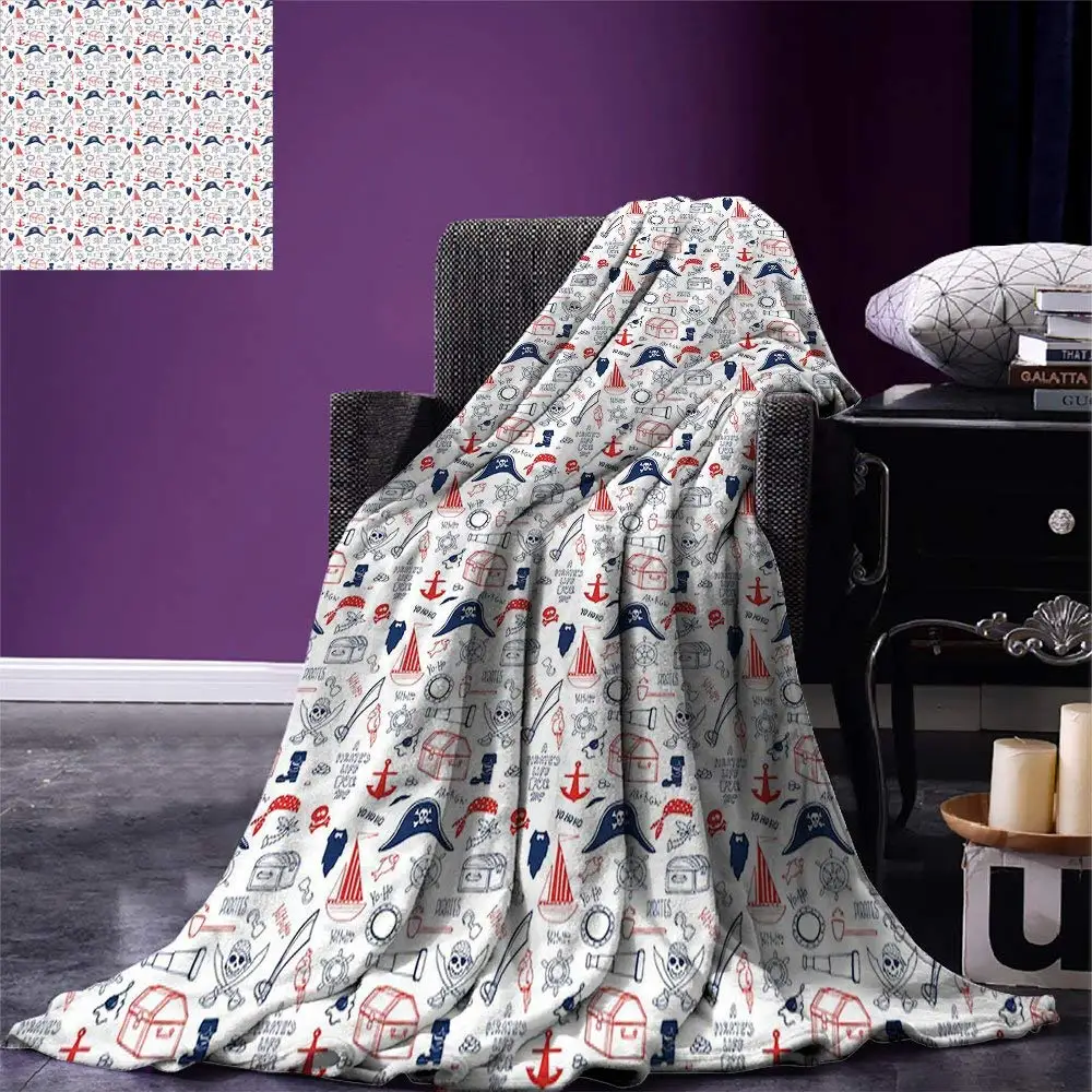 

Pirates Throw Blanket Hand Drawn Style Criminal Sea Adventurer Pattern Nautical Sailor Theme Warm Microfiber Blankets for Beds
