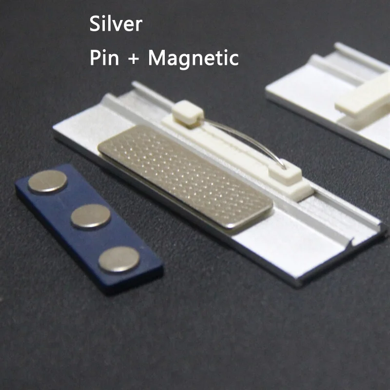 DEZHI имя значок оптовик брошь/магниты металлическое имя значок в форме пластины застежка брошь-держатель имя карты бирка 70*23 мм - Цвет: Silver Pin Magnetic