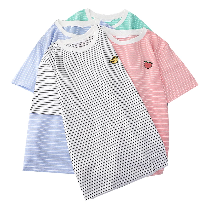 

Stripe Women Shirt Casual Basic Tshirt Short Sleeve T-shirt Femme Fashion Woman Tshirt Tops New Womens T-shirts Tops Pure Cotton