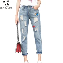 Демисезонный Для женщин отверстие кисточкой ботильоны с вышивкой Длина брюки джинсы женские свободные Повседневное модные штаны-шаровары джинсы ZX852