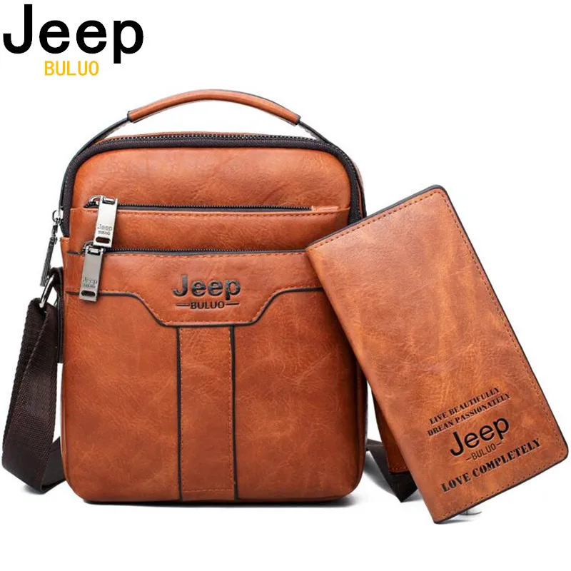 Kopen JEEP BULUO Merk Mannen Messenger Bags 2 stuks set Crossbody Business Casual Handtas Mannelijke split Lederen Schoudertas Grote Capaciteit