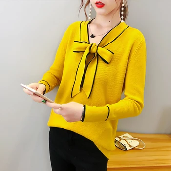 

Shintimes Sweater Women 2019 Autumn Winter Bow Knitted Tops Women Sweater Loose Pullover Jersey Mujer Jumper Outwear Pull Femme