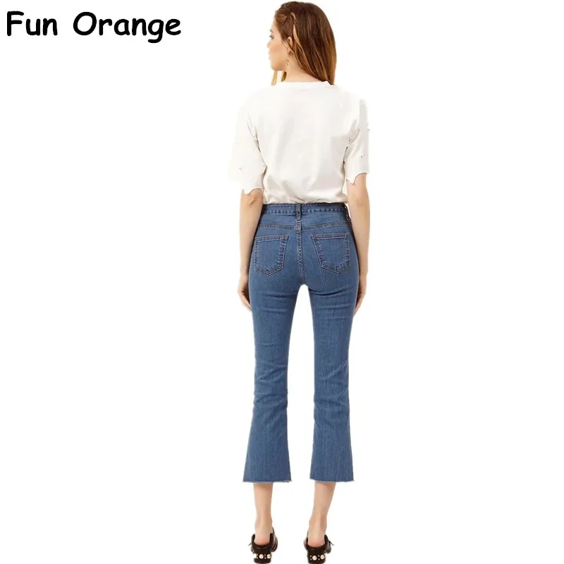 Весело оранжевый Для женщин Разделение Front Denim Flare Джинсы для с жемчугом модные