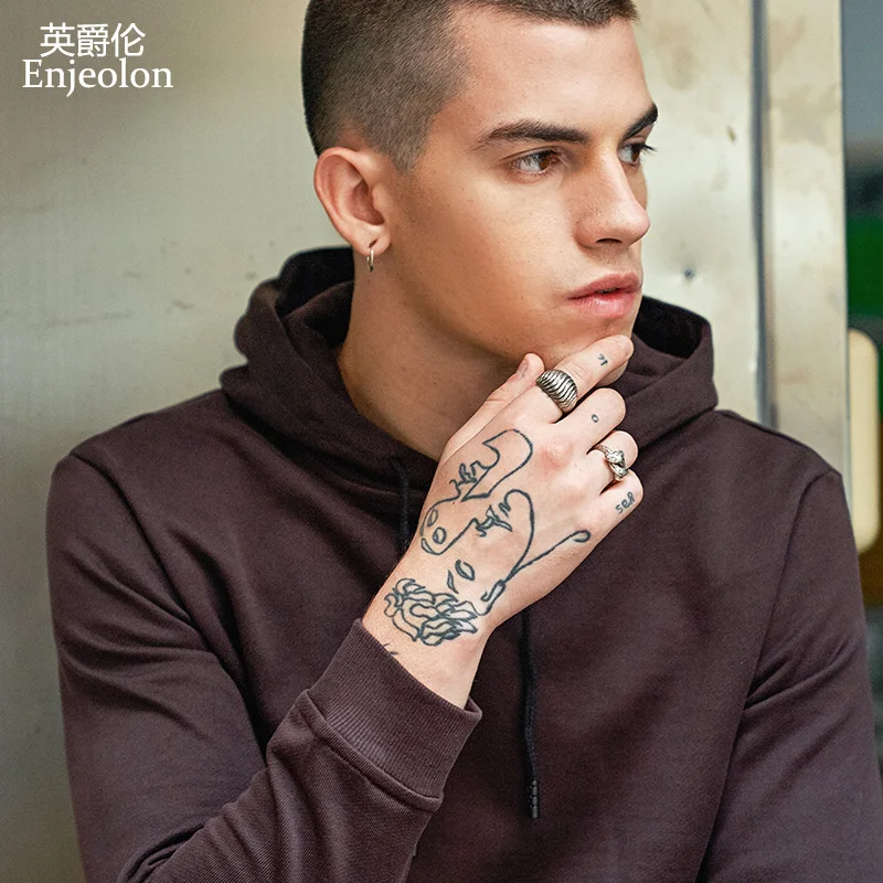 Enjeolon brand Long Sleeve Sweatshirt Men hoodies Black casual cotton Sweatshirt Men Solid Pullover Clothing plus size 3XL WY104