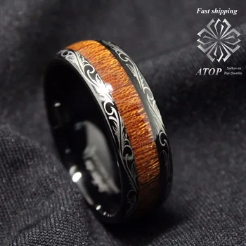 

Black Tungsten carbide Ring Koa Wood Inlay Dome men's jewelry Wedding Band Ring Free Shipping