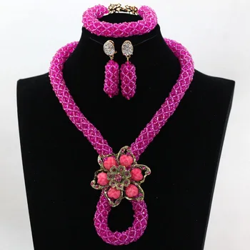 

Pretty Fuchsia Pink African Brides Crystal Jewelry Set Handmade Braids Bib Necklace Set Women Fashion Free shipping HX786