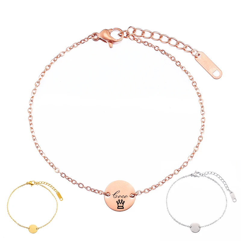 

Customized Cute Round Bracelets Stainless Steel Engraved Name Date 3-Tone Jewelry For Woman Letter Bangles