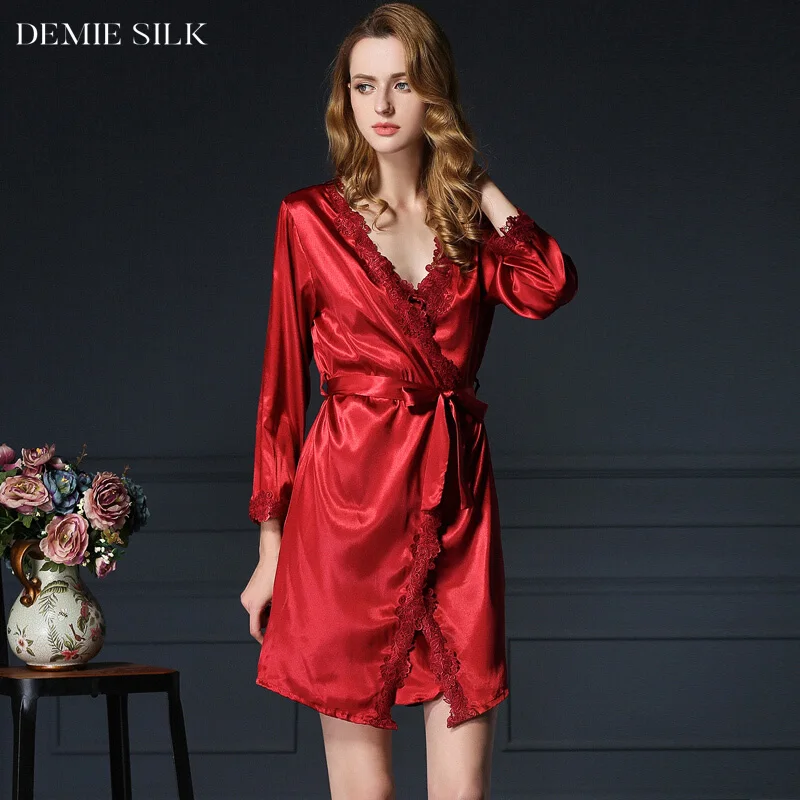 Demiesilk Women Imitation Silk Sleep Robe Pajama Sets Long Sleeve Lace 