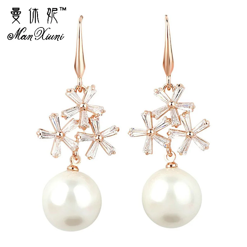 

Manxiuni Fashion Accessories Vintage Jewelry Inlay Cubic zirconia Long Earrings Wedding Dangle Pearl Earrings