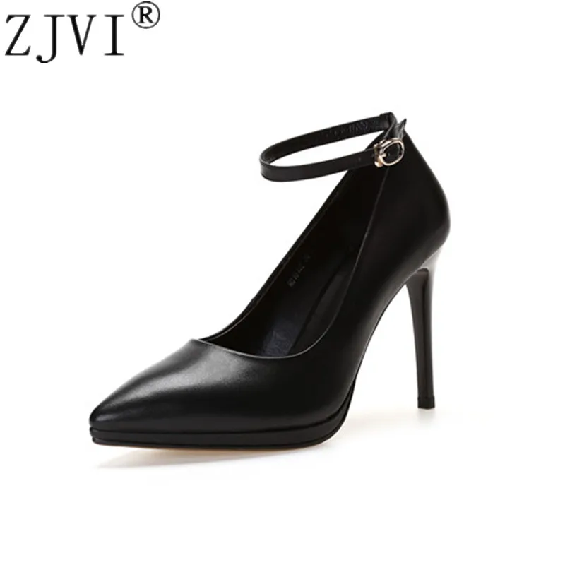 

ZJVI 2019 woman genuine leather thin high heels pumps for women summer pointed toe shoes autumn ladies ankle strap work shoes