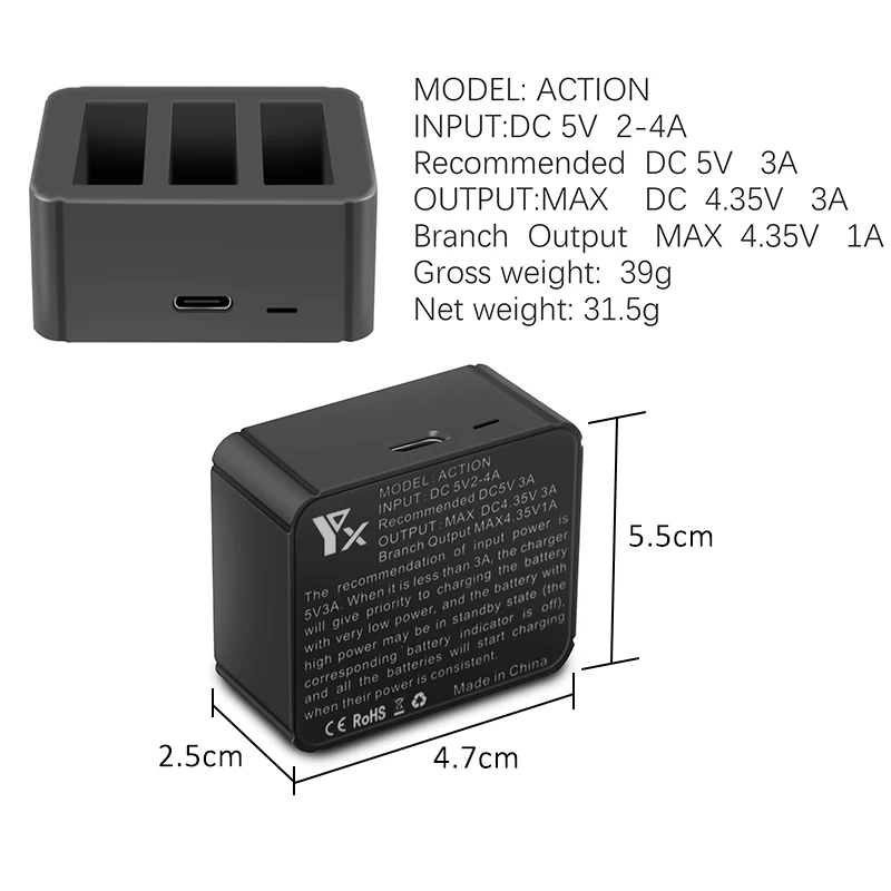 3 в 1 OSMO ACTION battery charger Hub TYPE-C вход 4,35 в литиевая зарядка Комплект для DJI OSMO ACTION аксессуары батарея