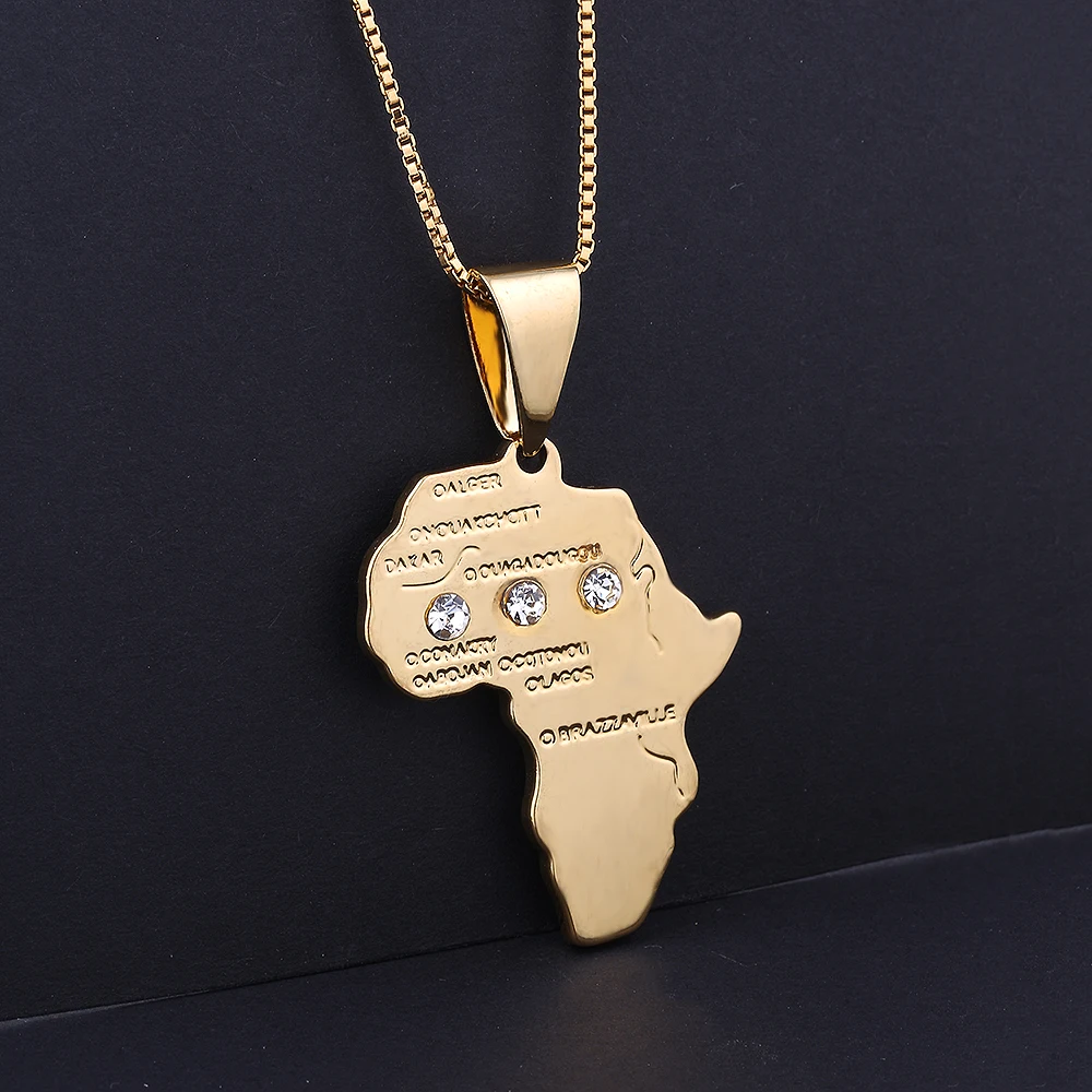 Classic Gold Color Africa Map Pendant Necklace Male Vintage Copper Jewelry Rhinestone Hip Hop Long Chain Necklace For Men Classic Gold Color Africa Map Pendant Necklace Male Vintage Copper Jewelry Rhinestone Hip Hop Long Chain Necklace For Men
