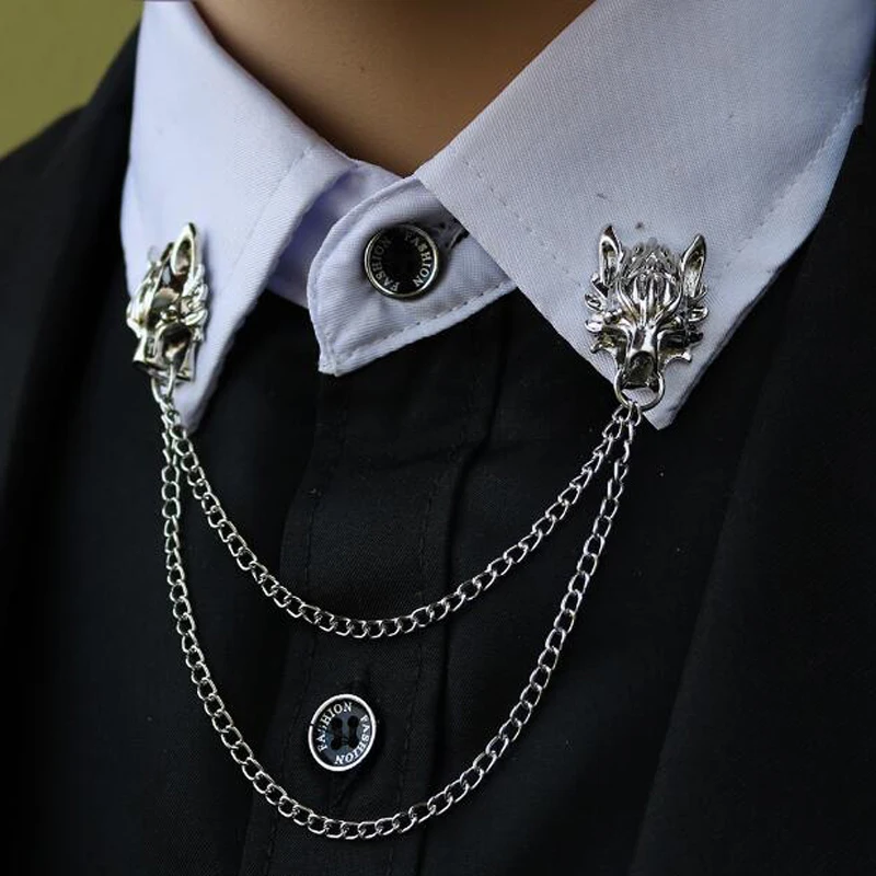 

1 Piece Gold Fashion Suit Suits Brooch Pins Brooches Men Double Wolf Lion Head Tassels Chain Corsage Lapel Pin Brooches