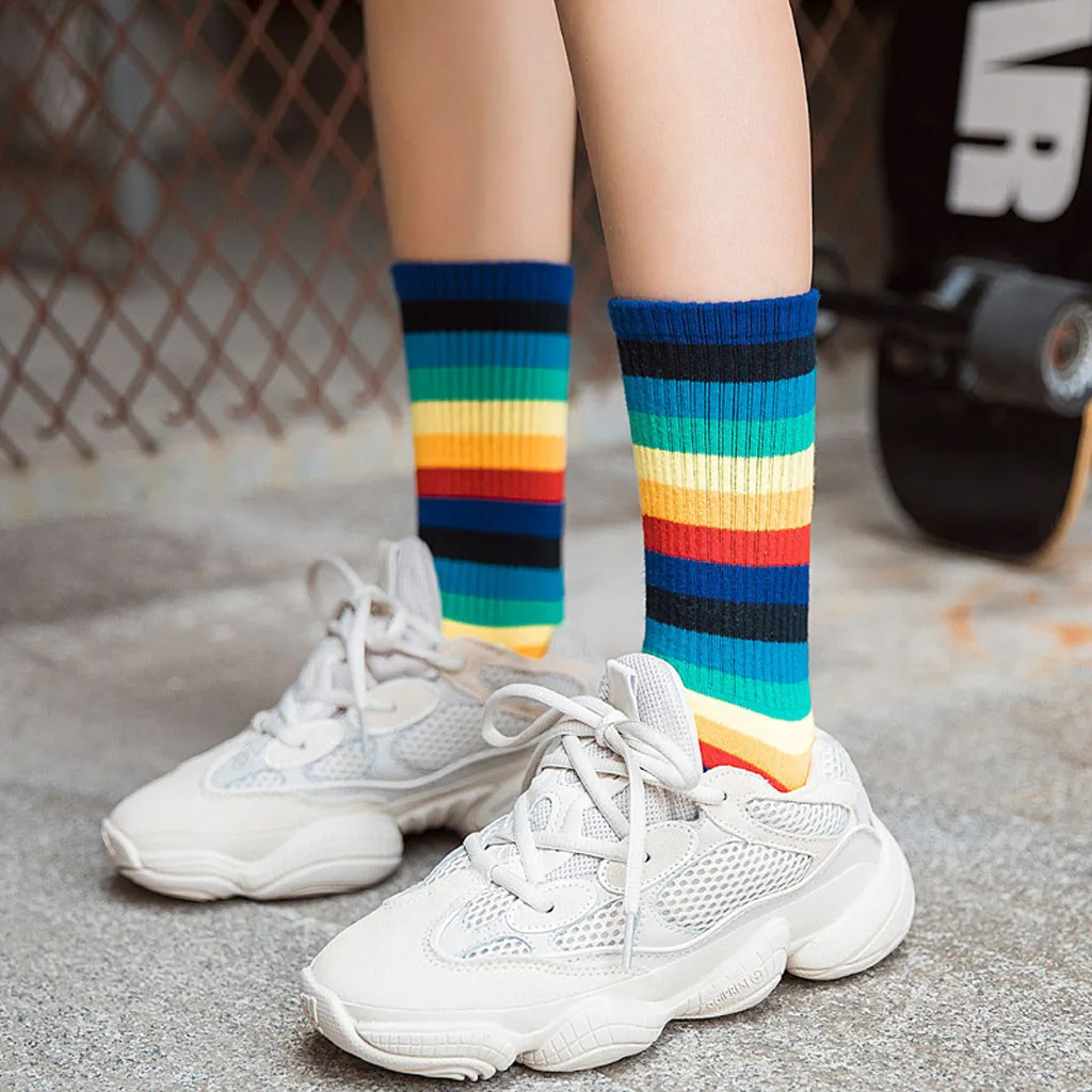 Разноцветные полосатые носки Харадзюку трендовые женские носки корейские забавные носки с радужным узором в стиле хип-хоп хлопковые уличные носки унисекс Новинка z0710