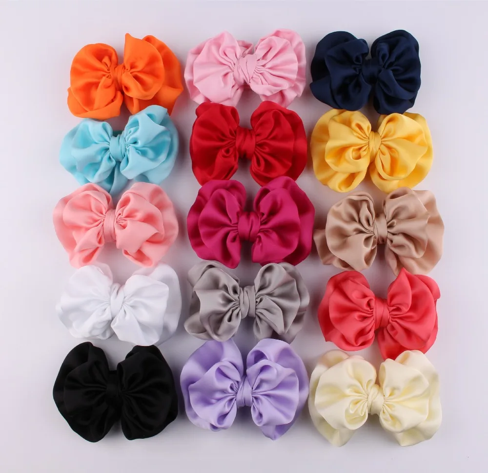

2017 15colors Satin chiffon double layers bow bowknot without clip 20pcs/lot for children hair ornaments free shipping