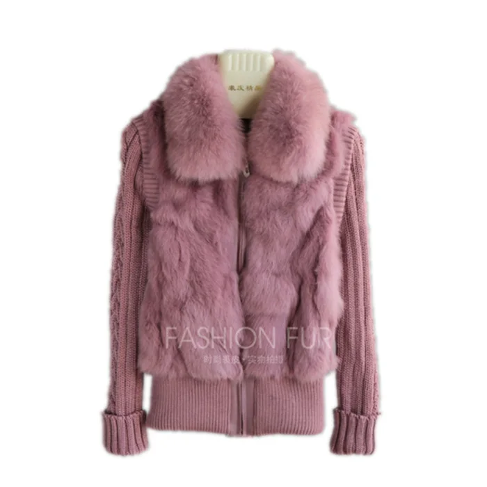

QIUCHEN 2018 Free shipping Brand New natural rabbit fur jacket with real fox fur collar real rabbit fur coat in stock