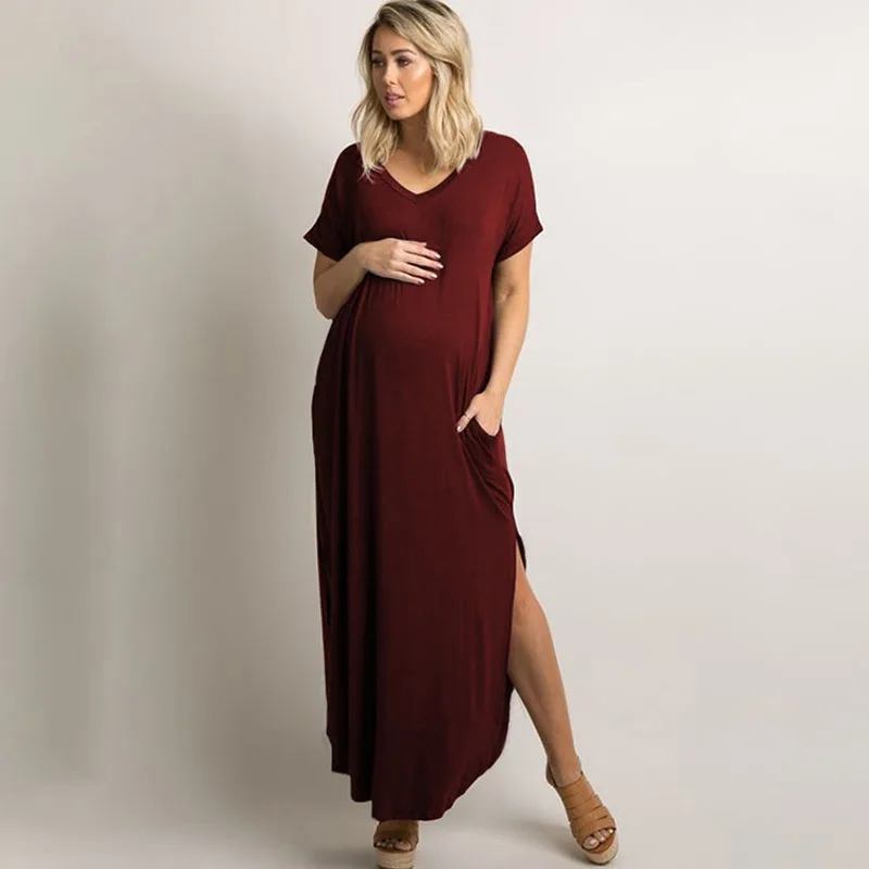 

Solid Irregular Long Maxi Maternity Dress For Pregnant Women Clothes V Neck Pocket Beach Ladies Vestidos Female Pregnancy Dress