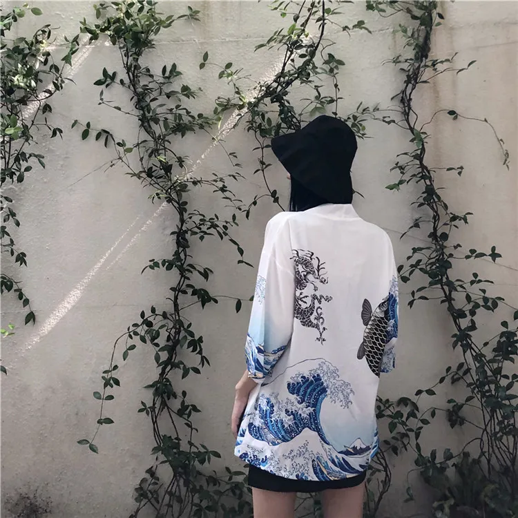 Woherb размера плюс топы кимоно кардиган для женщин и мужчин летняя блузка хараджуку стиль рубашка с принтом винтажные блузки 20987