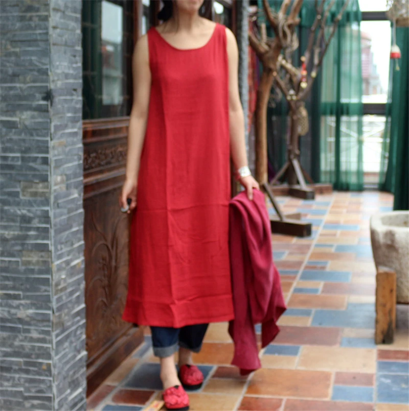 

Johnature 2019 Summer New Original Sense Texture Crushed Wild Cotton Sleeveless Vest And Long Sections Dress