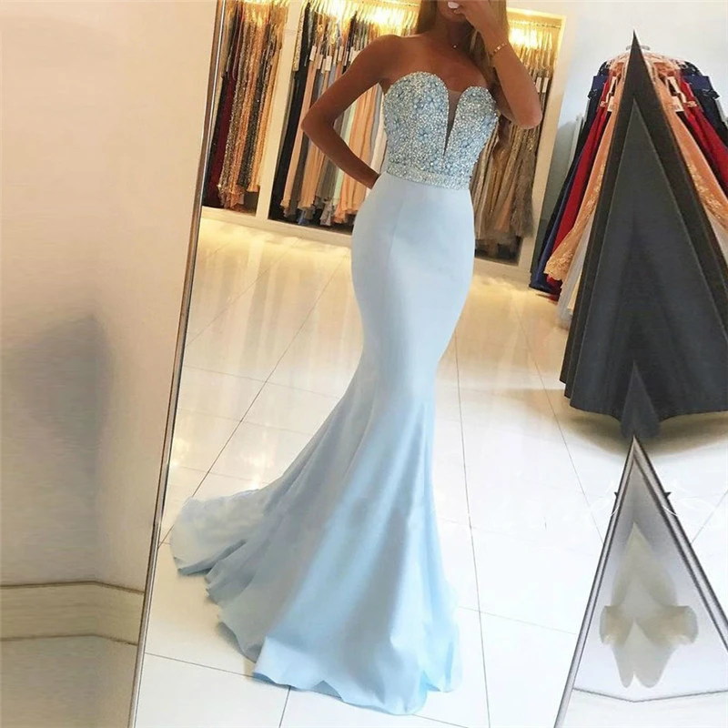 

Blue Sexy Evening Dress 2019 Beading Mermaid Prom Dresses Womens Pageant Plus Size Formal Party Vestido De Festa Robe Soiree