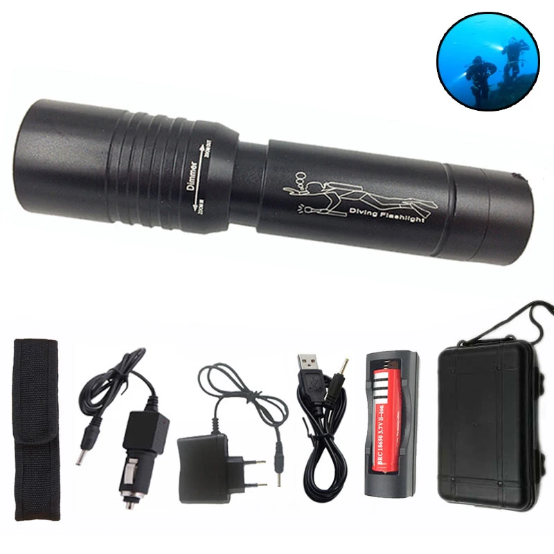 

DV02 Diving LED Flashlight Torch XMLT6 Dive Underwater 80 Meter Lamp Lanterna with 18650 USB AC Car Charger Box Cover