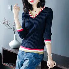 V-neck long sleeve pullovers elastic knit shirts  2018 new women autumn basic sweater 