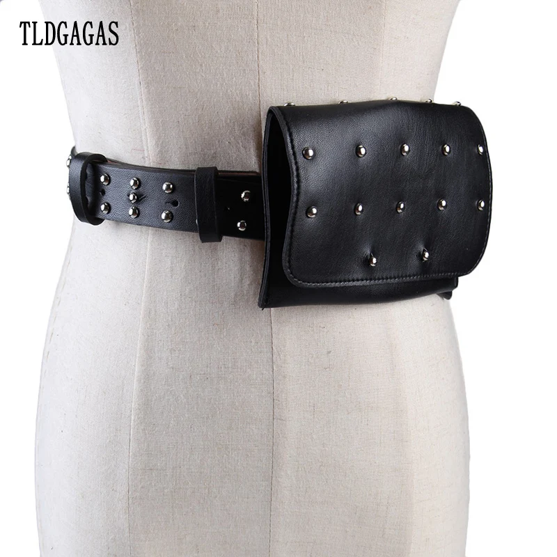 

Women Rivet Waist Bags Fashion Rivet Punk Female Belt Pack Vintage Mini Bags Pu Leather Simple Belt Bags Hip popular Pocket T301