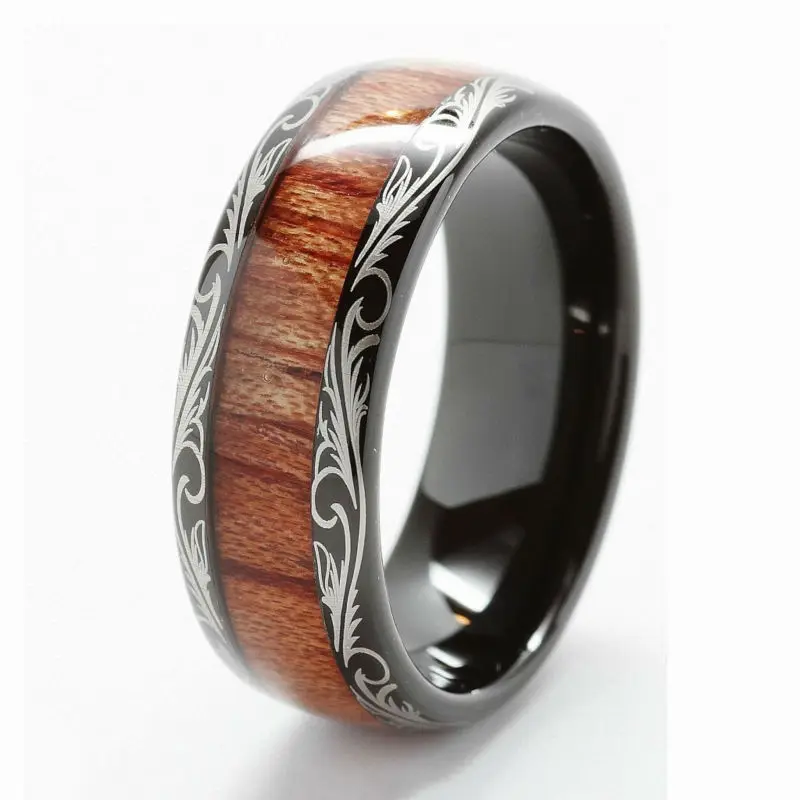 Wholes Mens Womens 8mm Black Tungsten Carbide Ring Wedding Engagement Band Grain Lasered Edges KOA Wood Inlay Comfort Fit