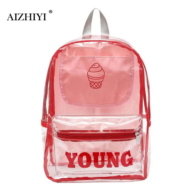 Ladies PVC Clear Backpacks Ice Cream Printed Preppy Backpacks Girls