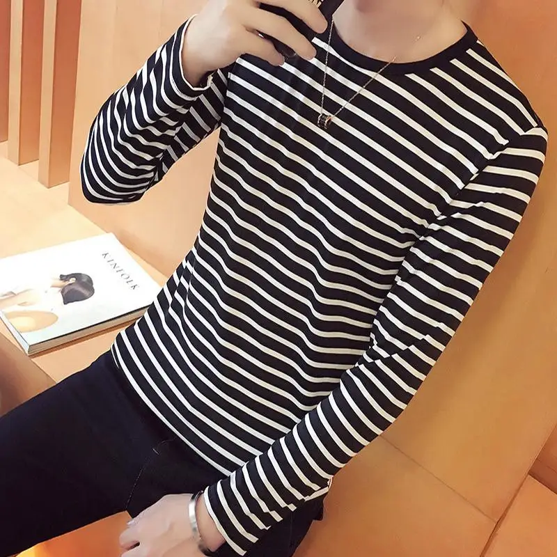 

MISSKY 2019 Autumn Spring Men T-shirt Round Neck Striped Long Sleeve Shirt Casual Pullover tshirt Top Male Clothes