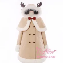 Супер милый Рождественский Женский комплект из 2 предметов, пальто: шапка с оленями, бант, накидка+ длинный рукав, шерстяное пальто, верхняя одежда, Лолита