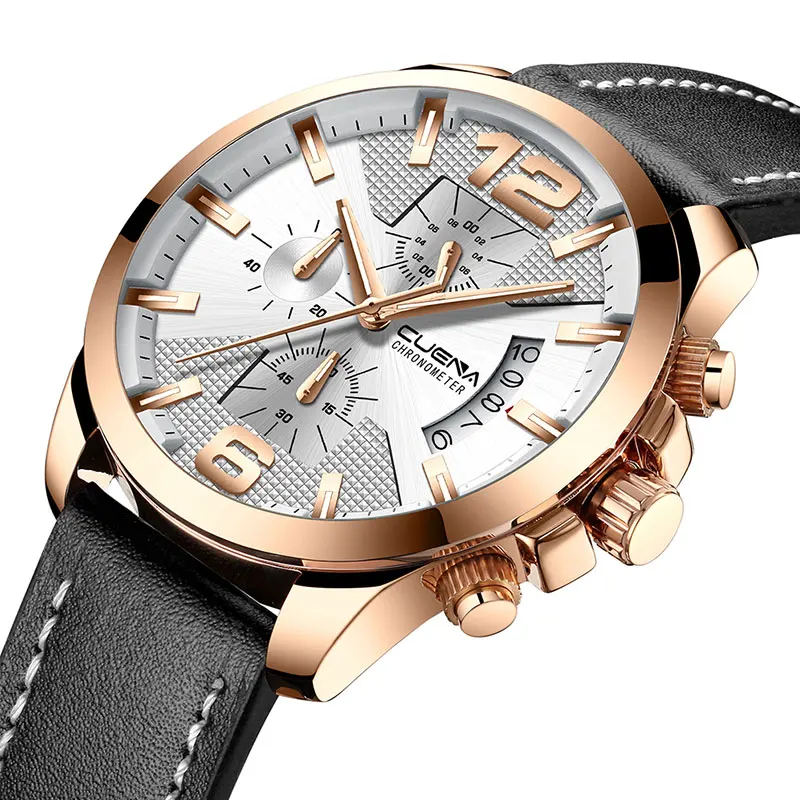 Prix CUENA Quartz Montres Hommes Marque De Luxe Chronomètre Lumineux Mains Véritable Bracelet En Cuir 30 M Étanche Horloge Homme Montre De Mode 2018