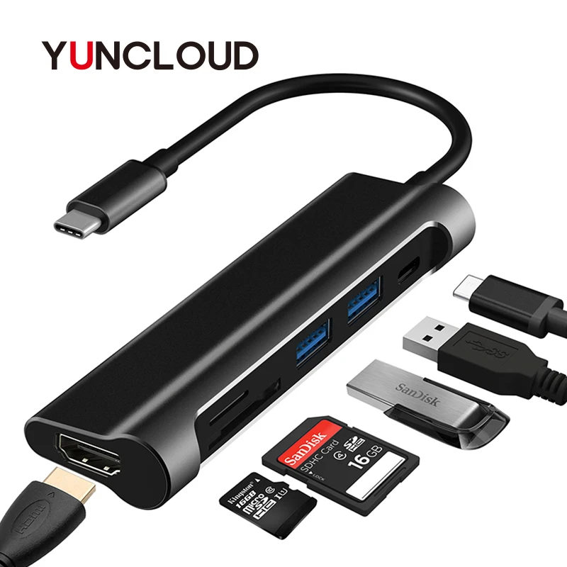 

USB C3.1 HUB Adapter Hub Type-C Thunderbolt 5-in-1 Multi-Port Dongle with USB 3.0 Output Card Reader 2 USB 3.0 Ports Type C HUB