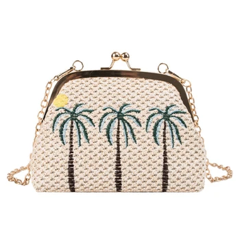 

AUAU-Straw Beach Woven Embroidered Clutch Women Bag Chain Shell Frame Small Handbag Knitting Shoulder Crossbody Messenger Bag