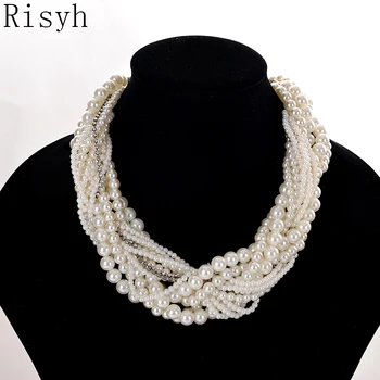

Risyh New fashion retro exaggerated multi-layer white pearl braided necklace