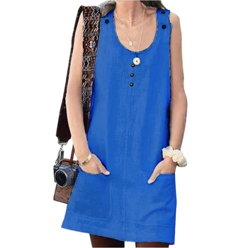 

Women Summer Fashion Casual Solid Color U-Neck Button Pocket Sleeveless Dress New Chic