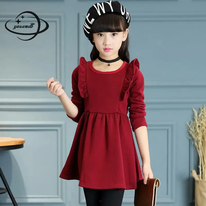 YAUAMDB/платье для девочек Осень-весна От 5 до 15 лет хлопок, детские штаны до колен, платья Длинные рукава однотонные с О-образным вырезом; одежда принцессы; y36