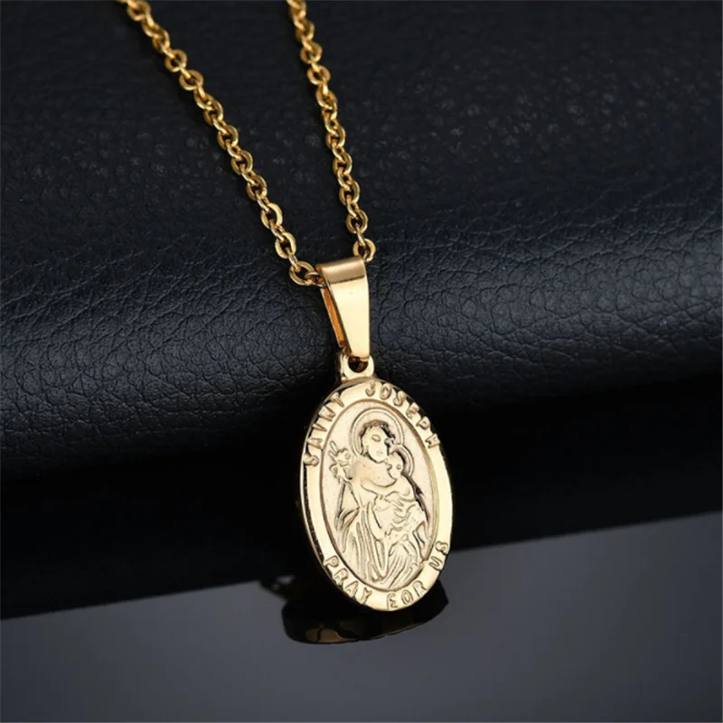 

KOMi vintage Oval Religious Necklace Our Lady of Guadalupe Miraculous Medal Pendant Stainless Steel Jewelry Gift R-153