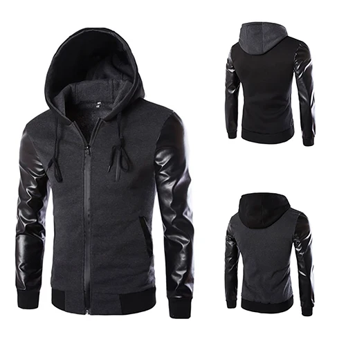 

Men Fashion Korean Style Cool Hooded Pocket Zip Faux Leather Sleeve Jacket Coat