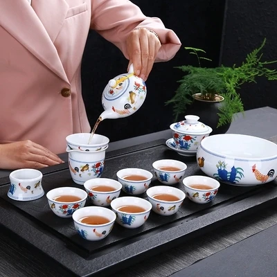 

Chinese culture Jingdezhen Kungfu tea set Antique ceramic teaset color Daming Chenghua chicken cylinder cup Gaiwan tea Cup