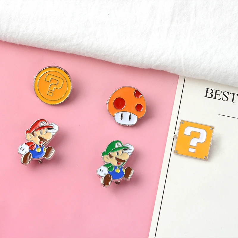 Classic Game Characters Super Bros Enamel Pin Video Game Mushroom Brick Brooch Denim Shirt Jackets Bag Pin Badge Gift For Fans