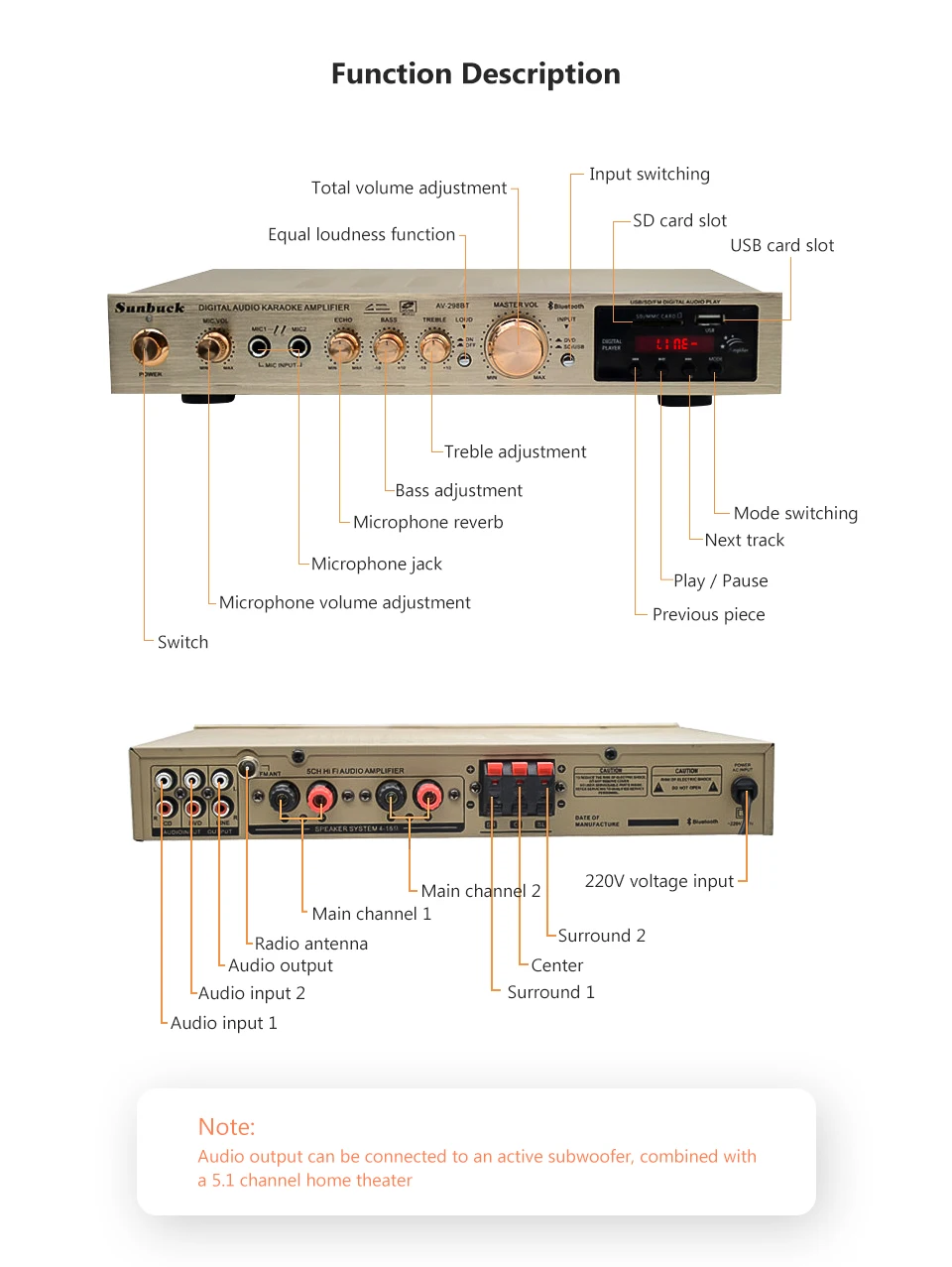 5 каналов Amplificador Bluetooth AV усилитель стерео караоке сцены Hifi мощность домашний кинотеатр аудио усилители двойной микрофон FM SD USB