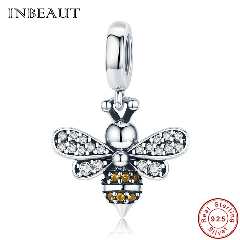 

INBEAUT 100% 925 Sterling Silver Bee Charm fit Trendy Pandora Bracelet Cute Cubic Zirconia Honeybee Beads Necklace Pendant