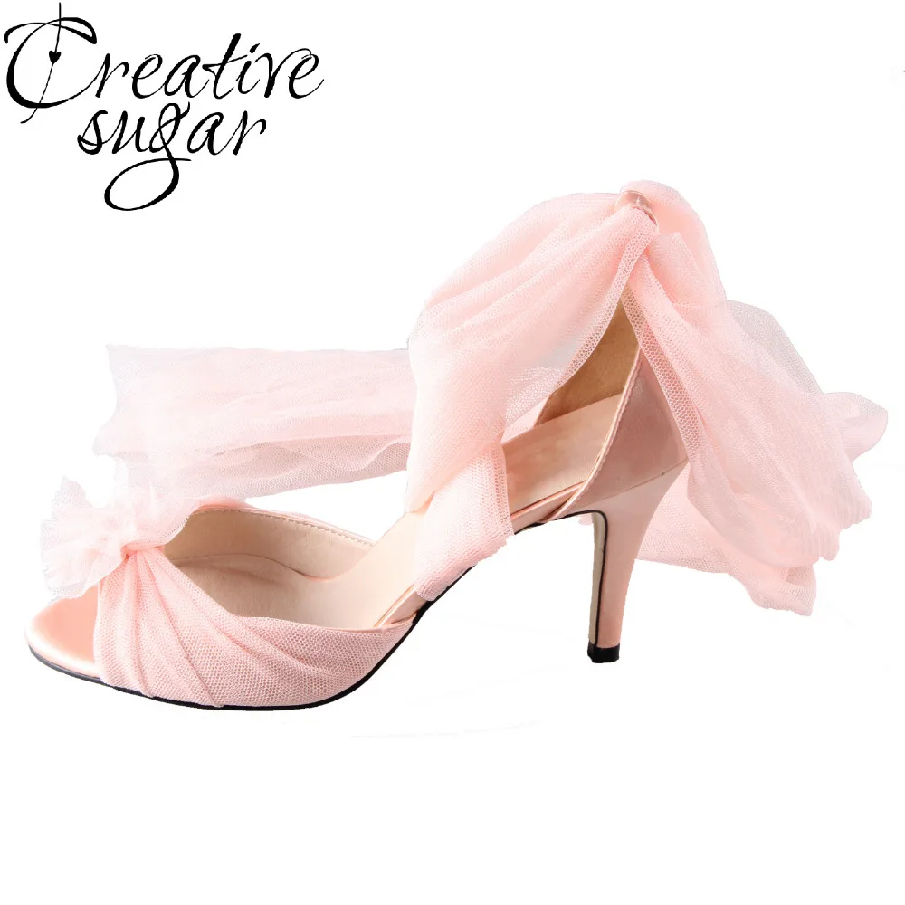 

Creativesugar Handmade watercolor peach nude blush bridal shoes tulle soft gauze ankle leg strap pumps wedding party quinceanera