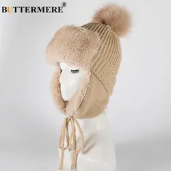 BUTTERMERE помпоном Bomber Hat для женщин Зимние Мех животных трикотажные ушанки русская ушанка шапки теплый толстый бархат открытый дамы шлем