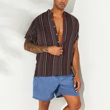 Feitong мужские рубашки Летний Топ Блузка модная повседневная футболка в полоску с пуговицами Летающая дышащая рубашка с коротким рукавом пляжные блузки
